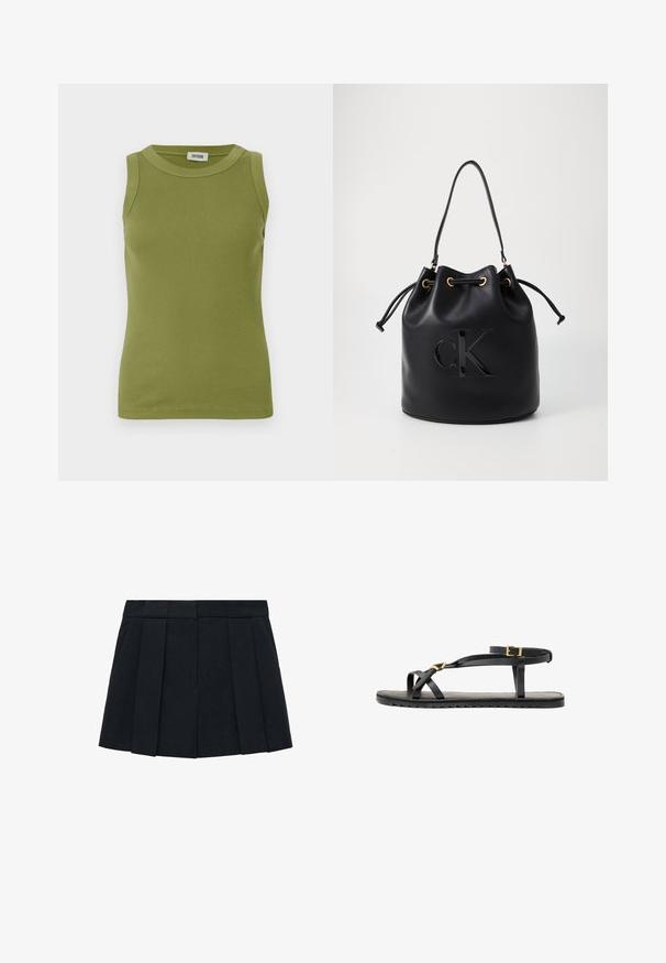 Black cropped leather jacket with a collar, front button closure, and two large flap pockets. Smooth texture and structured shape.; Sleeveless olive green ribbed tank top with round neckline and DRYKORN label inside collar.; Black pleated skirt made of fabric with a smooth texture. Features a structured waistband and multiple vertical pleats for definition.; Black leather sandals with thin straps and a buckled ankle strap. Flat sole with a textured finish and zigzag edge. Minimalist design.; Black leather bucket bag with drawstring closure, featuring a glossy "CK" logo on the front and gold-tone hardware accents.