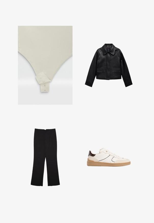 Černá zkrácená kožená bunda s límcem, předním zapínáním na knoflíky a dvěma velkými kapsami s klopami. Hladká textura a strukturovaný tvar.; Krémový body s hladkou texturou, zdobený límečkem na knoflíky a vypasovaným trojúhelníkovým střihem na spodní části.; Černé kalhoty s rovným střihem, s předními kapsami a bočními rozparky na lemu. Vyrobené z jemné, hladké tkaniny. Vhodné na různé příležitosti.; Stradivarius Tenisky - white