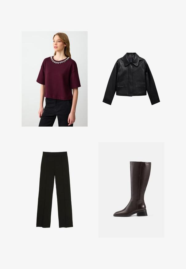 Zwart cropped leren jasje met een kraag, sluiting met voorste knopen en twee grote klepzakken. Vlotte textuur en gestructureerde vorm.; Bordeaux geknipte t-shirt met korte mouwen en een decoratieve kraalrand. Zacht materiaal met een casual pasvorm, gecombineerd met zwarte broek.; Zwarte wijde pantalon gemaakt van een soepele stof, met een aansluitende tailleband en subtiele plooien aan de voorkant voor extra textuur.; Kniehoge bruine leren laarzen met een gladde afwerking, ronde neus en een gestapelde zwarte hak. Eenvoudig ontwerp met minimale hardwaredetails.