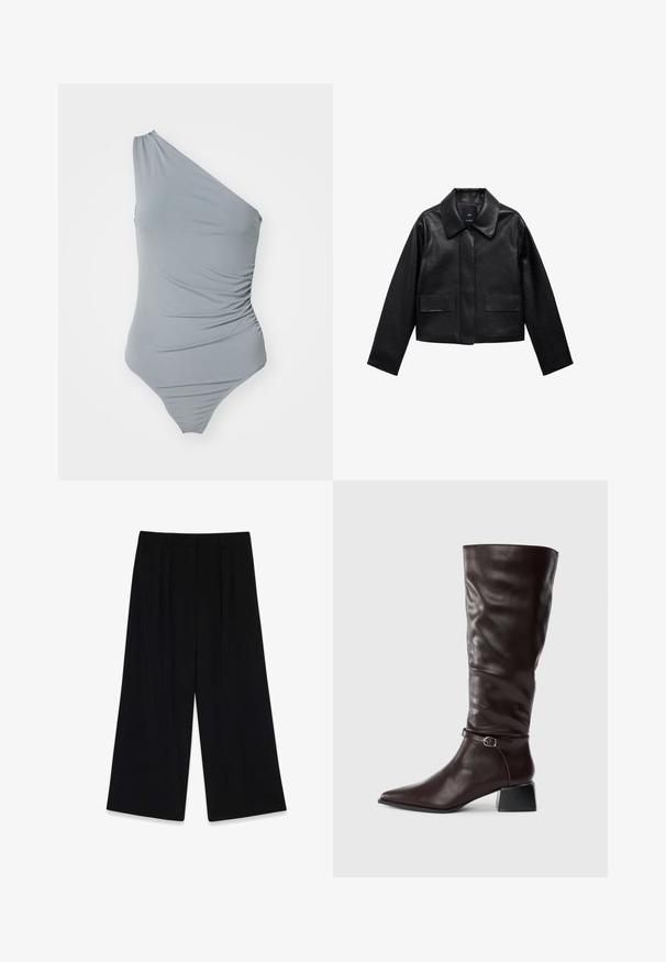 Black cropped leather jacket with a collar, front button closure, and two large flap pockets. Smooth texture and structured shape.; One-shoulder gray swimsuit with gathered texture, smooth fabric, and high-cut leg design. Simple and minimal aesthetic.; Black wide-leg trousers made of smooth fabric, featuring pleats at the front, a mid-rise waist, and no visible fastenings or embellishments.; Tall dark brown leather boot with pointed toe, small buckle strap around ankle, and low block heel on white background.