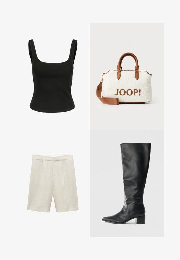 Schwarze, cropped Lederjacke mit Kragen, vorderem Knopfverschluss und zwei großen Klappentaschen. Glatte Textur und strukturierte Form.; Schwarzes ärmelloses Oberteil mit quadratischem Ausschnitt. Hergestellt aus glattem, dehnbarem Stoff. Figurbetontes Design ohne sichtbare Muster oder Akzente.; Beige Leinen-Shorts mit taillierter Passform, flachem Frontteil, doppelten Falten und Gürtelschlaufen. Glatte Textur, bis zur Mitte des Oberschenkels.; Schwarze, kniehohe Lederstiefel mit spitzer Zehe und Blockabsatz, von der Seite vor einem schlichten Hintergrund betrachtet.; Weißer Plüschbeutel mit braunen Lederelementen und -griffen. Mit einem braunen "JOOP!"-Logo ausgestattet. Enthält einen abnehmbaren Schultergurt.