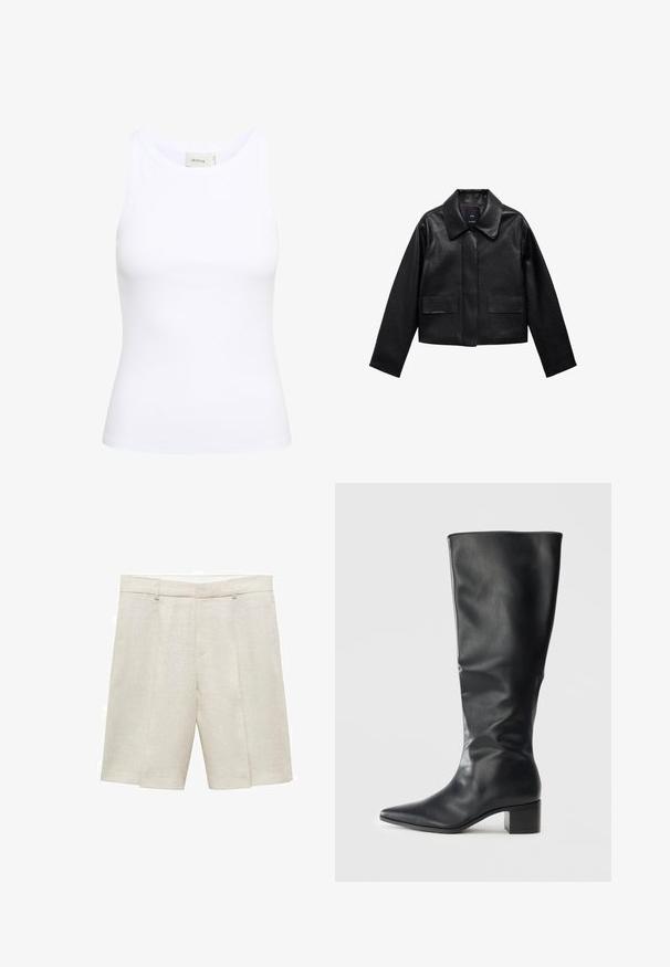Giubbotto in pelle nera corto con colletto, chiusura frontale con bottoni e due grandi tasche a patta. Texture liscia e forma strutturata.; Canotta bianca a coste con scollatura rotonda e senza maniche. Tessuto elastico e design aderente. Etichetta sul retro con la scritta "GESTUZ."; Pantaloni corti di lino beige con una vestibilità sartoriale, caratterizzati da una parte anteriore piatta, doppie pince e passanti per la cintura. Texture liscia, lunghezza a metà coscia.; Stivale in pelle nera fino al ginocchio con punta affilata e tacco a blocco, visto di lato su uno sfondo semplice.