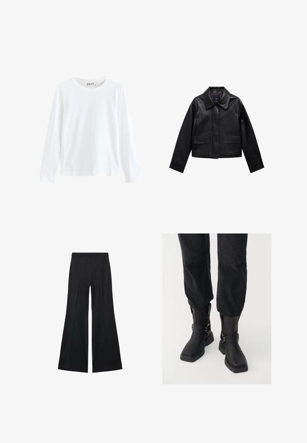 Svart kort läderjacka med krage, knappstängning framtill och två stora fickor med klaff. Slät textur och strukturerad form.; Långärmad vit T-shirt i bomull, med rund halsringning och enkel design, med en jämn struktur och utan synliga mönster eller detaljer.; Svarta vida byxor med en slät textur, med framfickor och skräddarsydd design. Tyget är lätt och flödande.; Svarta läderankelstövlar med fyrkantig tå, som har ett brett rem och metallspänne som detalj. Stövlarna har en kraftig sula och en slät textur.