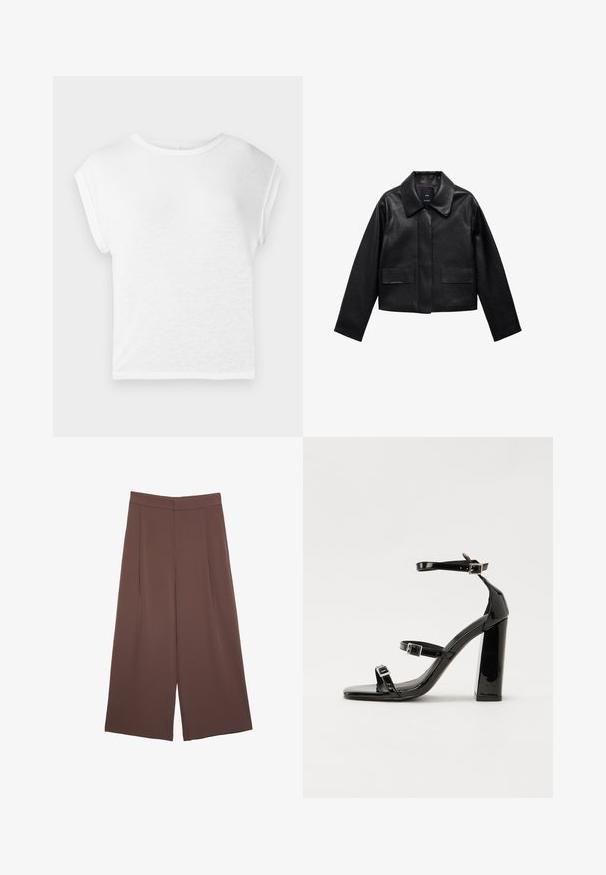 Černá zkrácená kožená bunda s límcem, předním zapínáním na knoflíky a dvěma velkými kapsami s klopami. Hladká textura a strukturovaný tvar.; Bílá krátkosrstá tričko s kulatým výstřihem. Měkká, lehká tkanina, volný střih, s krátkými rukávy a rovnými okraji.; Hnědé široké kalhoty s hladkou texturou, vysokým pasem a předními záhyby. Materiál je lehký a volně splývá.; Černé lakované sandály na podpatku se čtveratou špičkou, lýtkovými pásky a stříbrnými přezkami. Disponují masivním blokovým podpatkem pro stabilitu.