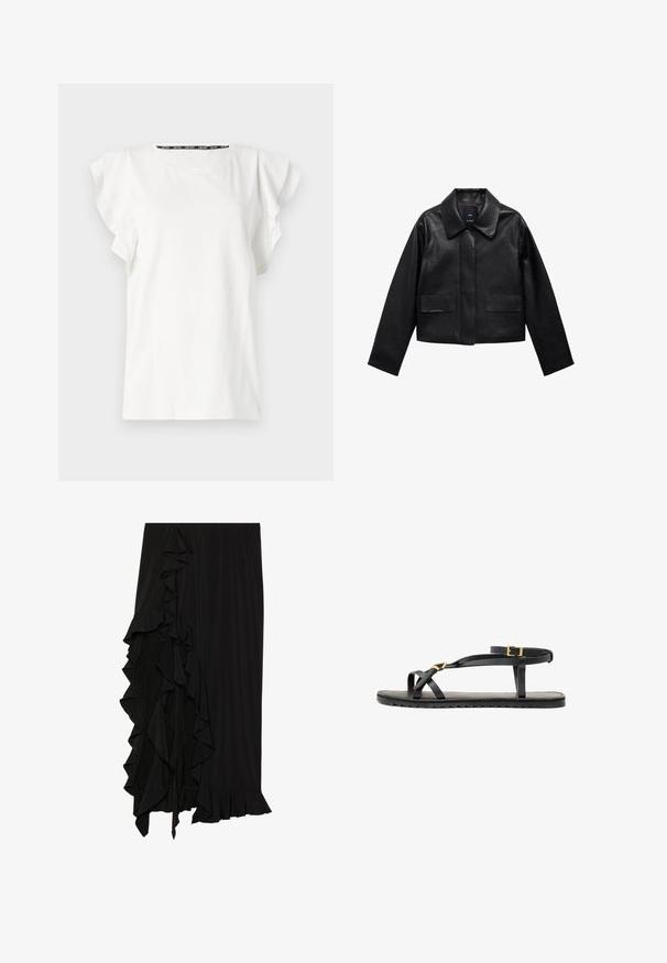 Sort cropped læderjakke med krave, frontlukning med knapper og to store flaplommer. Glat tekstur og struktureret form.; Hvid bomulds t-shirt med flagrende ærmer og rund halsudskæring. Diskret branding på forsiden, glat tekstur og afslappet pasform.; Sort nederdel lavet af blødt stof med en flæsedetail på venstre side og en bølgede kant forneden, der skaber en svævende silhuet.; Sorte lædersandaler med tynde stropper og en spændet ankelrem. Flad sål med en tekstureret overflade og zigzag kant. Minimalistisk design.