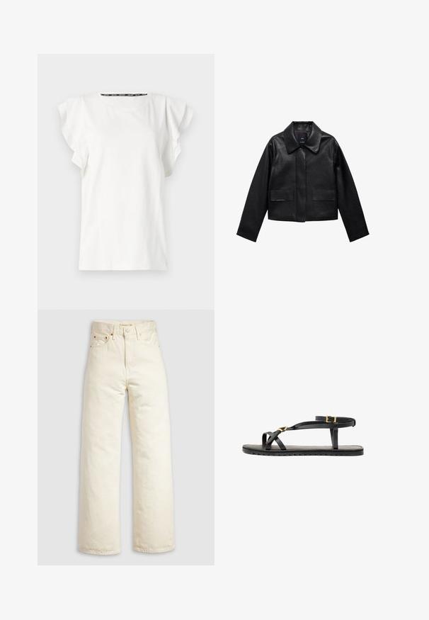 Svart kort läderjacka med krage, knappstängning framtill och två stora fickor med klaff. Slät textur och strukturerad form.; Vit bomullströja med volangärmar och rund halsringning. Diskret varumärke framtill, mjuk textur och avslappnad passform.; Jeans med vida ben i off-white denim, med hög midja, kopparnitar och klassisk femficksdesign. Texturerat tyg med rena kanter.; Svarta lädersandaler med tunna remmar och en spänne vid vristen. Platt sula med en texturerad yta och zigzagkant. Minimalistisk design.