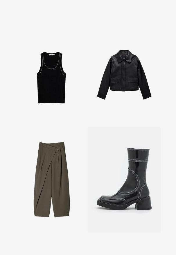 Černá zkrácená kožená bunda s límcem, předním zapínáním na knoflíky a dvěma velkými kapsami s klopami. Hladká textura a strukturovaný tvar.; Černý žebrovaný top na ramínka s širokým výstřihem a tenkými bílými švy podél okrajů. Vyrobený z měkké, strukturované látky.; Široké kalhoty z tmavě olivově zelené látky, s plisovaným předním designem, knoflíkovým uzávěrem a lesklým, strukturovaným povrchem.; Černé lakované kotníkové boty s bílým prošíváním, kulatou špičkou a blokovým podpatkem. Charakteryzují se zakřivenými designovými liniemi a hladkým povrchem.