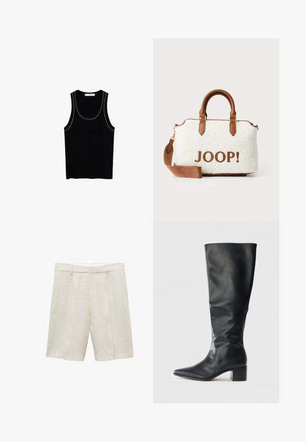 Črn skrajšan usnjen plašč s ovratnikom, sprednjim zapiranjem na gumb in dvema velikima žepoma s poklopcem. Gladka tekstura in strukturirana oblika.; Črna rebrasta majica s širokim izrezom in tanjšimi belimi šivi ob robovih. Narejena iz mehke, teksturirane tkanine.; Bež lanene kratke hlače s krojem, ki se lepo prilega, z ravnim sprednjim delom, dvojno gubico in zankami za pas. Gladka tekstura, dolžina do sredine stegna.; Črne usnjene škornje do kolen s koničastim prstom in blok peto, prikazane s strani na enobarvni podlagi.; Bela plišasta torba z rjavimi usnjenimi dodatki in ročaji. Vsebuje rjavo "JOOP!" logo. Vključuje odstranljiv ramenski trak.