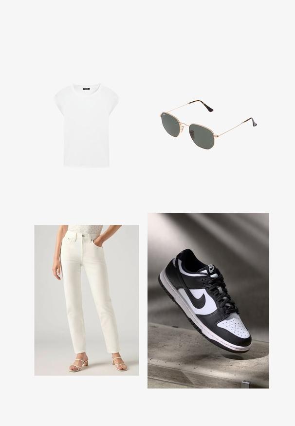 Zwart cropped leren jasje met een kraag, sluiting met voorste knopen en twee grote klepzakken. Vlotte textuur en gestructureerde vorm.; Witte t-shirt met korte mouwen, gemaakt van zachte katoen, met een ronde halsline en raglanmouwen. Het heeft een ontspannen, rechte snit en is zonder patronen.; Witte high-waisted jeans met een rechte pasvorm, voorzien van voorzakken, een knoopsluiting en een gladde denimtextuur. Gekleed met lichte sandalen.; Zwart-witte Nike Dunk Low sneaker met een leren bovenwerk, geperforeerde neus, en zwarte veters, met een witte zool en logo-accenten.; Gouden metalen zonnebril met donkergroene lenzen, aviator-stijl, met slanke scharnieren en schildpad-accenten op de uiteinden.; Zwarte gewatteerde leren handtas met een kettingband en een decoratieve charme. Zachte textuur, gestructureerde vorm en een slouchy silhouet.