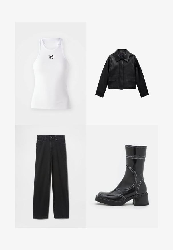 Musta lyhyt nahkatakki, jossa on kaulus, etupuolella napitus ja kaksi suurta läppätaskua. Sileä pinta ja muotoiltu rakenne.; MARINE SERRE MOON LOGO TANK - Toppi - white; Mustat farkut, joissa suora lahkeen malli, nappi- ja vetoketjusuljenta, etu- ja takataskut sekä sileä pinta.; Musta lakattu nahkasaapas nilkkamallissa, jossa on valkoiset ompeleet, pyöreä kärki ja lohkarekorko. Ominaisuuksiin kuuluvat kaarevat muotoilulinjat ja sileä pinta.