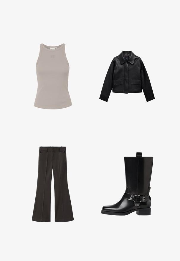 Schwarze, cropped Lederjacke mit Kragen, vorderem Knopfverschluss und zwei großen Klappentaschen. Glatte Textur und strukturierte Form.; Rippiertes, ärmelloses Oberteil in Hellgrau mit einem runden Halsausschnitt und dezentem Branding auf der Vorderseite. Hergestellt aus einem weichen, elastischen Material.; Schwarze, weit geschnittene Hosen mit hoher Taille; verfügt über zwei Fronttaschen und eine glatte Stoffoberfläche. Geeignet für verschiedene Anlässe.; Schwarze Lederstiefel bis zum Knie mit spitzer Zehenform, silbernen Schnallenakzenten und einem klobigen Absatz. Verfügt über eine Zuglasche für einfaches Anziehen.