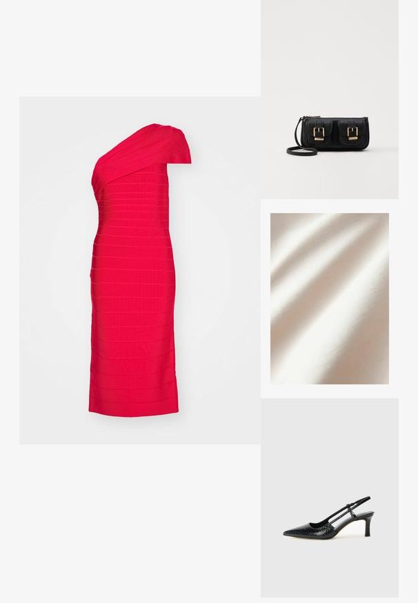 Kremkrāsas audums ar gludu tekstūru un smalku spīdumu, demonstrējot maigas krokas un vienmērīgu auduma rakstu.; Sarkans vilkājams kleitas ar vienu plecu, izgatavots no teksturētas auduma, ar horizontālām svītrām un ceļa garuma dizainu. Gluda apdare ar strukturētu siluetu.; Melna patent āda ar slīdošo papēdi un smailo purngalu, ar teksturētu čūsku drukājumu, regulējamu siksniņu un īsu teksturētu blokpapēdi.; Melnas ādas crossbody soma ar divām priekšējām kabatām, zelta sprādzēm, ar rāvējslēdzēju aizdari un šauru siksnu. Strukturēta virsma un kompakta taisnstūra forma.