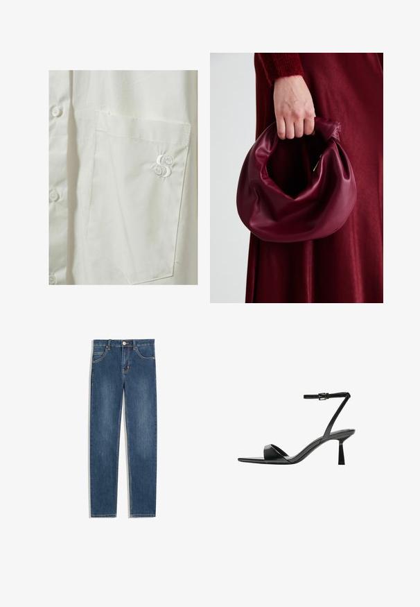 Tessuto color crema con una texture liscia e una leggera lucentezza, che mostra morbide pieghe e un motivo di intreccio uniforme.; Camicia bianca con bottoni, dotata di taschino sul lato sinistro del petto, con un logo ricamato sottile in filo bianco abbinato. Tessuto liscio e leggero.; Jeans in denim blu scuro con vestibilità dritta, cinque tasche, dettagli di cucitura sottili e un bottone metallico in vita.; Bershka Sandali con tacco - black; Borsa in pelle bordeaux con un design morbido e arricciato e una forma arrotondata. Il manico è fissato, mostrando una texture liscia.