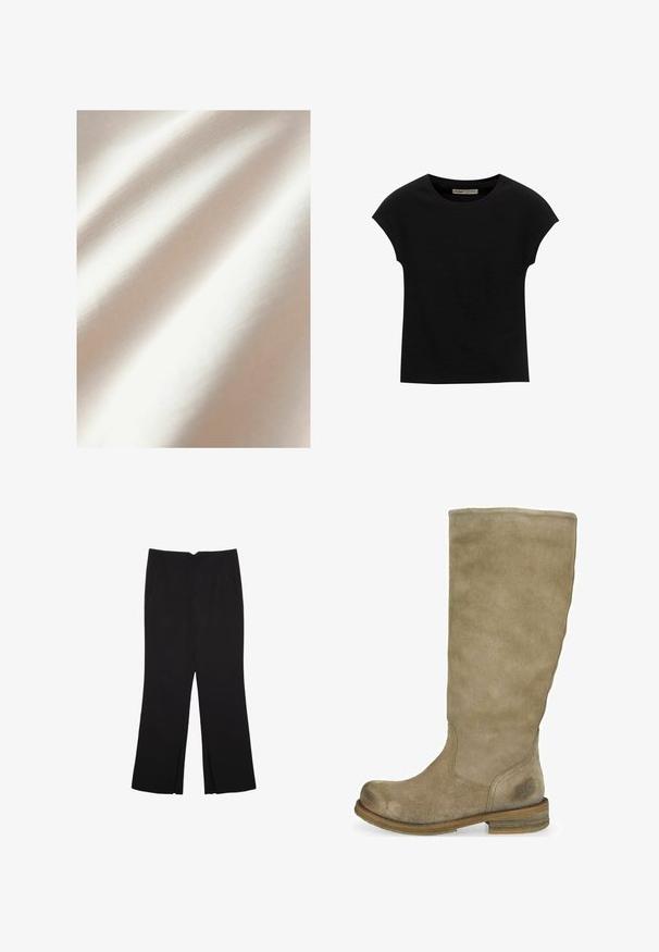 Kremowa tkanina o gładkiej fakturze i subtelnym połysku, z delikatnymi fałdami i równomiernym wzorem splotu.; Czarna koszulka z krótkim rękawem, wykonana z miękkiego materiału, z okrągłym dekoltem i luźnym krojem, o gładkiej fakturze i bez wzorów.; Czarne spodnie o prostym kroju, z przednimi kieszeniami i bocznymi rozcięciami na dole. Wykonane z miękkiego, gładkiego materiału. Odpowiednie na różne okazje.; Beżowe zamszowe botki do kolan z zaokrąglonym czubkiem i teksturowanym wykończeniem. Brązowy drewniany obcas z subtelnym logo w okolicy kostki.