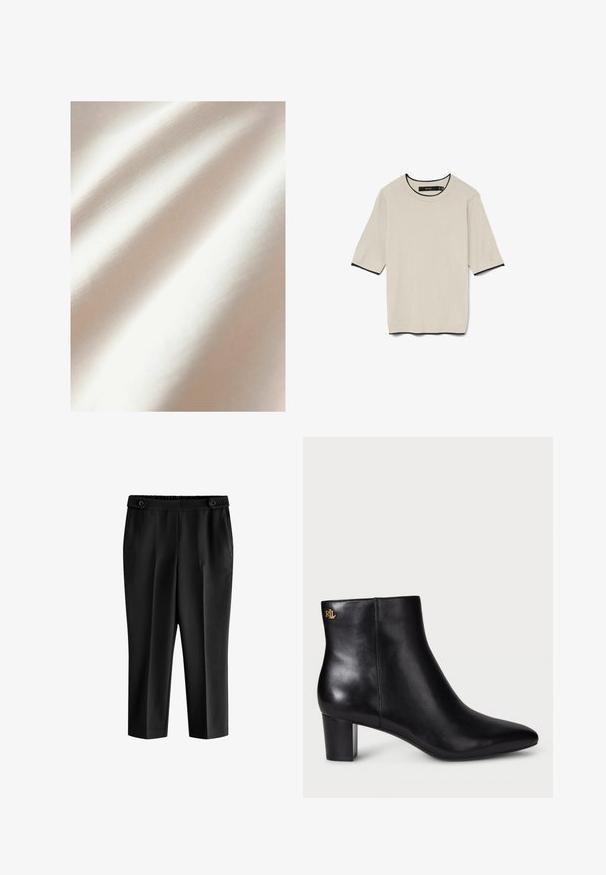 Kremkrāsas audums ar gludu tekstūru un smalku spīdumu, demonstrējot maigas krokas un vienmērīgu auduma rakstu.; Iesvērta, gaiši beigu krāsas T-kreklu ar īsām piedurknēm, ar apaļu izgriezumu un kontrastējošu melnu apdari ap izgriezumu un piedurknēm, noformēts plakaniski.; Melnas īsās bikses ar brīvu piegriezumu, elastīgu jostu un divām priekšējām kabatām. Audumam ir gluda tekstūra ar vieglu spīdumu.; Melnas ādas potītes zābaki ar smailu purngalu un blokveida papēdi. Detaļām ir zelta logo uz aizmugures. Gluda tekstūra ar elegantu dizainu.