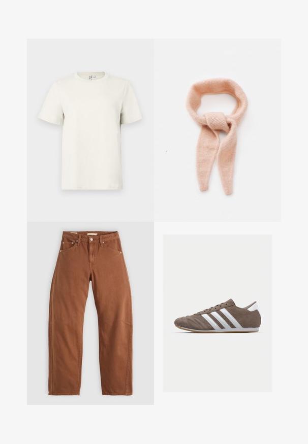 Krémová látka s hladkým povrchom a jemným leskom, vystavujúca jemné záhyby a rovnomerný tkaný vzor.; Svetlo béžové bavlnené tričko s okrúhlym výstrihom, krátkymi rukávmi a bežným strihom. Hladká textúra a minimalistický dizajn bez vzorov alebo akcentov.; Hnedohnedé rovné džínsy so prednými a zadnými vreckami, kovovými nýtmi, zapínaním na gombík a pútkami na opasok, položené na bielom pozadí.; Hnedé semišové športové topánky s bielymi pruhmi, okrúhly špičkový dizajn, šnurovacie zapínanie a gumená podrážka. Texturovaný zvršok s detailmi šitia.; Bledoružový pletený šál, mäkká textúra, slučkový dizajn s predĺženými koncami, s uzlovým detailom v strede.