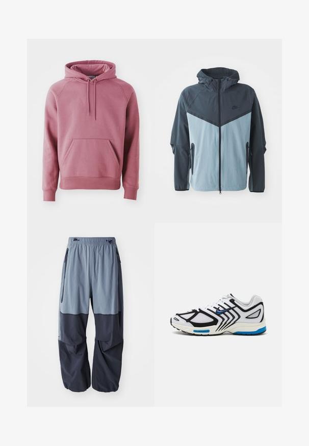Kurtka windbreaker z kapturem, przednim zamkiem, w poziomie w dwóch odcieniach niebieskiego - ciemnym i jasnym, oraz z bocznymi kieszeniami na zamek.; Różowa bluza z kapturem z kieszenią kangurką z przodu, ściągaczami przy mankietach i dolnym brzegu. Posiada sznurki do regulacji kaptura i gładką teksturę materiału.; Luźne, dwukolorowe spodnie na świeżym powietrzu z jasnoniebieską górną częścią i ciemnonawową dolną częścią, z elastycznym pasem z możliwością regulacji oraz bocznymi kieszeniami.; Białe buty sportowe z czarnymi akcentami, siateczkowymi panelami i niebieskimi detalami. Posiadają teksturowaną podeszwę i smukłe linie designu.