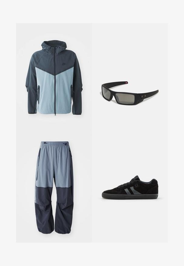Vindjakke med hette, front glidelås, mørkeblå og lyseblå fargeblokkdesign, og sidelommer med glidelås.; Tre hvite bomullst-skjorter med korte ermer. Hver skjorte har en rund hals og et lite svart logomerke på venstre side.; Baggy, to-tonede utendørsbukser med lyseblå overdel og mørk navy underdel, med snor i livet og sidelommer.; Sorte skatesko i semsket skinn med mørke gummisåler, med grå sidestriper og matchende snører, designet for komfort og holdbarhet.; Sorte solbriller med mat finish, rektangulære linser, lett kurv på brillestengene, diskret logo detaljer, og røyktinted linser.