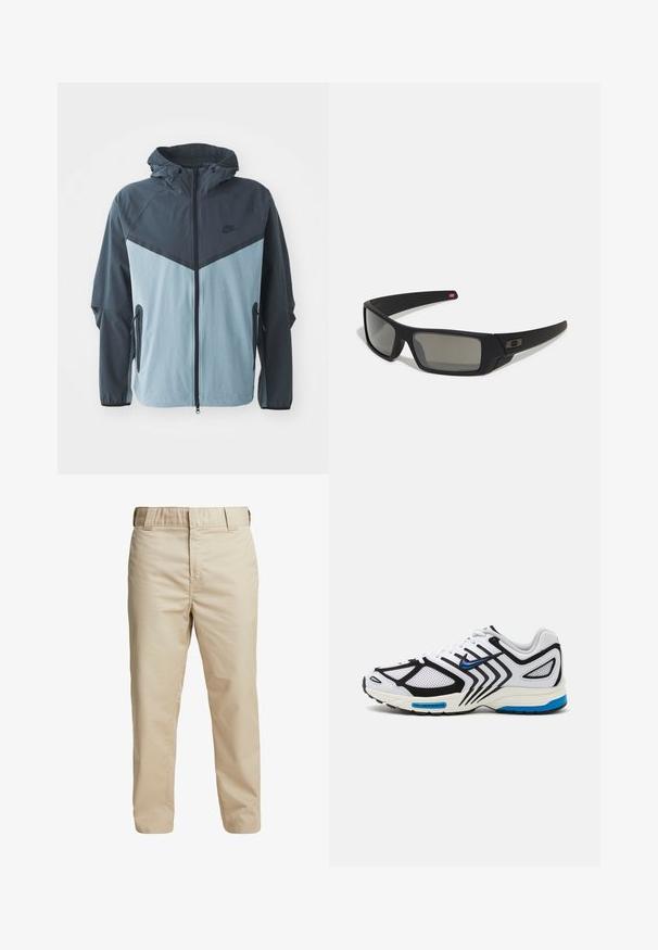 Vėjara su gobtuvu, priekiniais užtrauktukais, tamsiai mėlyna ir šviesiai mėlyna spalvų blokų dizainu bei šoninėmis užtrauktukinėmis kišenėmis.; Juodos spalvos trumpas rankovės sportinis marškinėlis su geltonais akcentais ir apvaliu "90" logotipu. Marškinėliai turi žalią apykaklę ir tekstūruotą audinį.; Smėliniai medvilniniai kelnės su siauru siluetu, tiesiomis kojomis ir diržo kilpomis; minkšta tekstūra ir minimalistinis dizainas be matomų akcentų.; Baltas sportinis batelis su juodais akcentais, tinkleliais ir mėlynomis detalėmis. Ypatybėms priskiriamas tekstūruotas padas ir elegantiškos dizaino linijos.; Juodi akiniai saulės su matinio paviršiaus užbaigimu, stačiakampiai lęšiai, švelnus lenkimas ant šventyklų, subtilus logotipo detalizavimas ir dūminiai lęšiai.