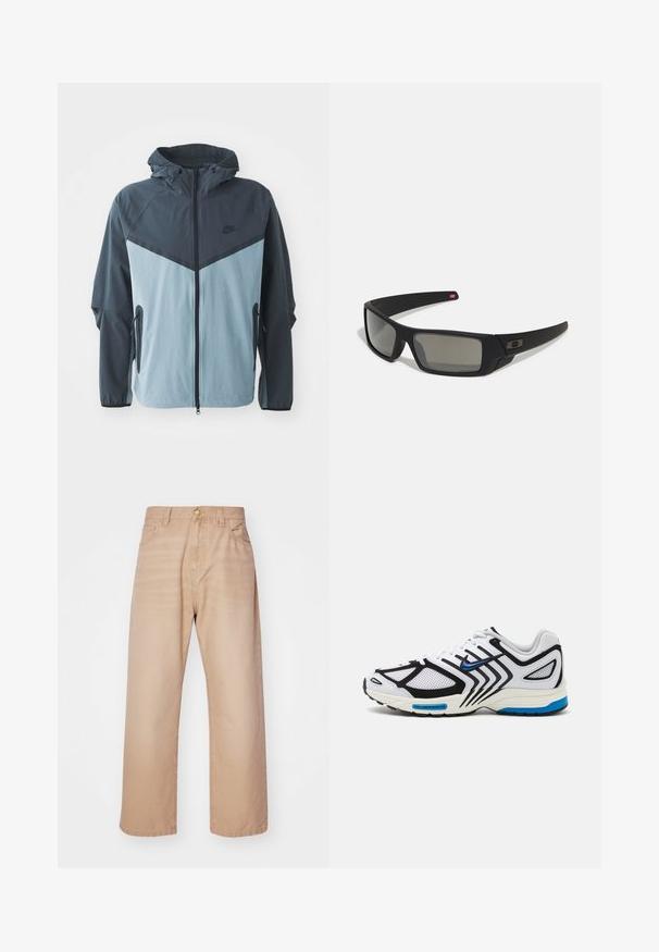 Jakna s kapuco, sprednjim zadrgo, temno modrim in svetlo modrim barvnim blokom ter stranskimi žepi z zadrgo.; Črni športni dres s kratkimi rokavi z rumenimi dodatki in okrožnim logotipom "90". Ima zeleno ovratnico in teksturirano blago.; Bež jeans hlače širokega kroja z visokim pasom, petimi žepi in kovinskim gumbom za zapiranje. Izdelane iz gladkega denima.; Bela atletska čevlja z črnimi akcenti, mrežnimi paneli in modrimi podrobnostmi. Ima teksturirano podplat in eleganten dizajn.; Crne sončne naočale s mat površinom, pravokutne leće, blagi luk na sljepilima, diskretna oznaka i leće sa dimnim nijansama.