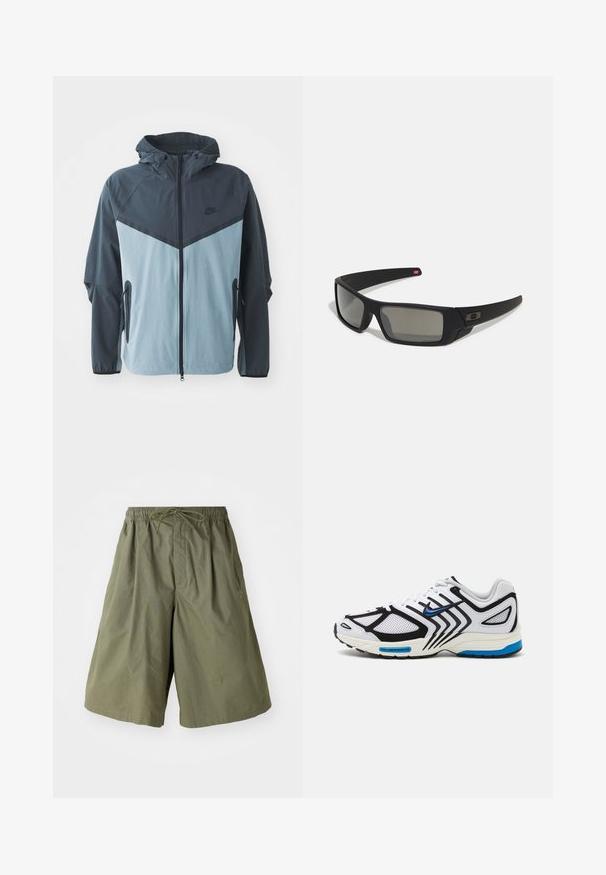 Jaqueta corta-vento com capuz, fecho éclair frontal, design em blocos de cores azul escuro e azul claro, e bolsos laterais com fecho éclair.; Camisola de desporto preta de manga curta com acentos amarelos e logótipo circular "90". Apresenta um colarinho verde e tecido texturizado.; Calções verde-oliva feitos de tecido leve, com um cós elástico com cordão e bolsos laterais, textura suave e ajuste solto.; Sapatilha atlética branca com detalhes pretos, painéis de malha e pormenores azuis. Possui uma sola texturizada e linhas de design elegantes.; Óculos de sol pretos com acabamento mate, lentes retangulares, leve curvatura nas hastes, detalhe sutil do logo e lentes de cor fumada.