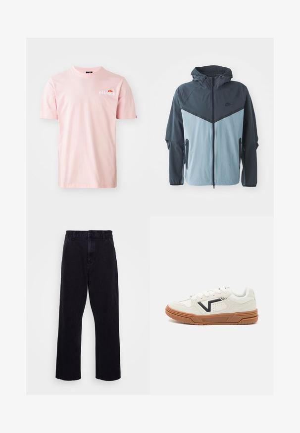 Vėjara su gobtuvu, priekiniais užtrauktukais, tamsiai mėlyna ir šviesiai mėlyna spalvų blokų dizainu bei šoninėmis užtrauktukinėmis kišenėmis.; Šviesiai rožinė medvilninė marškinė su apvalia iškirpte, trumpomis rankovėmis ir mažuoju siuvinėjimu kairėje krūtinės pusėje. Minkšta tekstūra ir paprastas dizainas.; Juodi džinsiniai kelnių modeliai su tiesia kojų forma, turintys sagą ir užtrauktuką, diržo kilpos ir minimalūs siuvimo detalės.; Baltos sportinės kedai su zomšos tekstūra, su juodu logotipo akcentu, guminiais padais ir plokščiomis raištelėmis. Švarus, modernus dizainas.