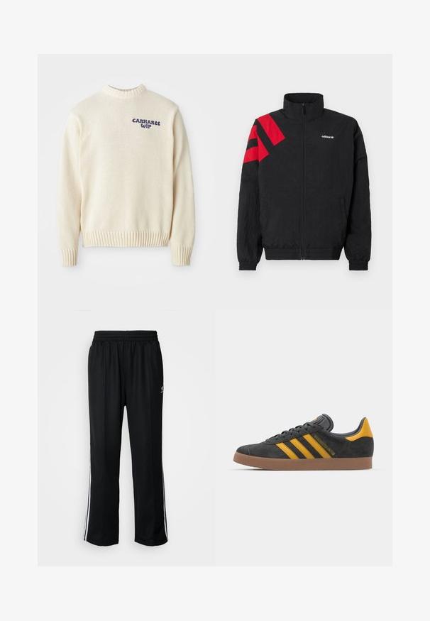 Casaco preto com fecho de correr e gola alta, apresentando riscas diagonais vermelhas no ombro esquerdo, punhos elásticos e bolsos laterais. Logótipo branco no peito.; Sweater tricotado creme com decote redondo, punhos e barra canelados, apresentando o logotipo azul "Carhartt WIP" na parte da frente. Tecido texturizado.; Calças atléticas pretas com um cós elástico, apresentando riscas brancas laterais e um pequeno logótipo. O material parece macio e leve.; Tenis em camurça preta com detalhes amarelos, apresentando três riscas e uma sola de borracha castanha. Inclui uma língua acolchoada para maior conforto.