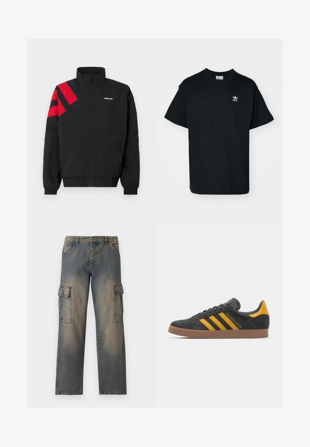 Fekete, cipzáros kabát magas gallérral, bal vállnál piros átlós csíkokkal, elasztikus mandzsettákkal és oldalzsebekkel. Fehér logó a mellkason.; Fekete pamut póló kerek nyakkal és rövid ujjal, bal melle részen egy kis fehér Adidas logóval.; Farmernadrág, elhalványult kék színben, laza fazonban, két nagy oldalsó zsebbel, varrott varrásokkal és klasszikus derékpánt designnal.; Fekete velúrbőr sportcipő sárga díszítéssel, három csíkkal és barna gumitalppal. Párnázott nyelvével a kényelem érdekében.