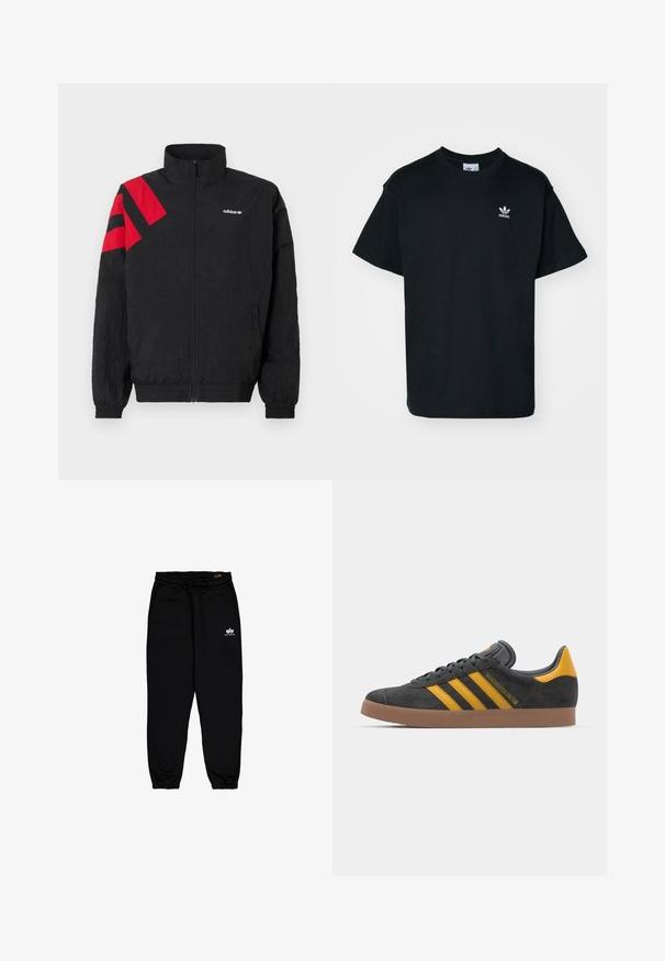 Fekete, cipzáros kabát magas gallérral, bal vállnál piros átlós csíkokkal, elasztikus mandzsettákkal és oldalzsebekkel. Fehér logó a mellkason.; Fekete pamut póló kerek nyakkal és rövid ujjal, bal melle részen egy kis fehér Adidas logóval.; Fekete kocogó nadrág puha, rugalmas anyagból. Jellemzője egy gumírozott derékpánt húzózsinórral és gumírozott szegéllyel. Kis fehér logó a csípőn.; Fekete velúrbőr sportcipő sárga díszítéssel, három csíkkal és barna gumitalppal. Párnázott nyelvével a kényelem érdekében.