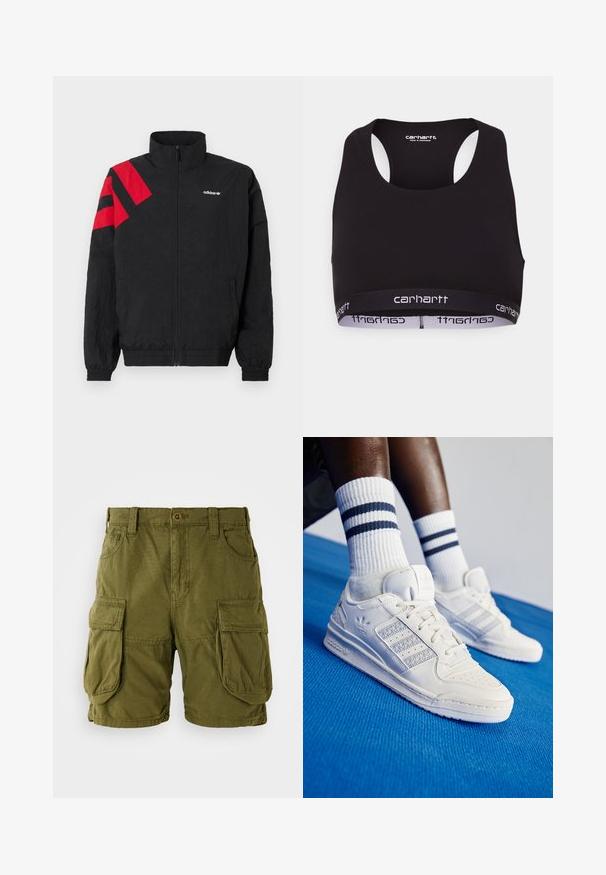 Musta vetoketjullinen takki, jossa korkea kaulus, punaiset viistot raidat vasemmalla olkapäällä, joustavat hihansuut ja sivutaskut. Valkoinen logo rinnassa.; Musta urheiluliivi, jossa on pyöreä pääntie ja urheilusatula-mallinen selkäosa. Varustettu vahvistetulla vyötäröllä, jossa on valkoinen "carhartt"-brändäys. Pehmeä kangas.; Oliivinvihreät cargo-shortsit, jotka on valmistettu puuvillasekoitteesta. Asettuu kahden suuret sivutaskut ja nappikiinnitys vyölenkeillä. Tasainen pinta.; Valkoiset nahkasneakerit, joissa on rei'itetyt korostukset, kolme metallista raitaa ja teksturoitu sivupaneeli. Yhdistetty valkoisiin sukkiin, joissa on sinisiä raitoja.