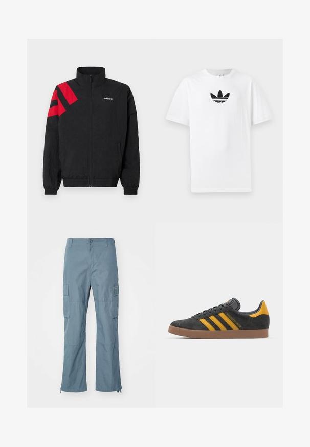 Črna jakna z zadrgo in visokim ovratnikom, z rdečimi diagonalnimi črtami na levem rami, elastičnimi manšetami in stranskimi žepi. Bel logotip na prsih.; Bela bombažna majica s črnim logojem Adidas na sredini. Kratki rokavi in oblikovanje z okrog lim. Gladka tekstura.; Svetlo modre cargos hlače iz trpežnega materiala. Značilnosti vključujejo cargo žepe, zadrgo na odprtini noge in gumbasto zapiranje.; Črne semiš tene z rumenimi akcenti, ki vsebujejo tri trakove in rjavo gumo podplat. Vključujejo oblazinjeno jezik za udobje.
