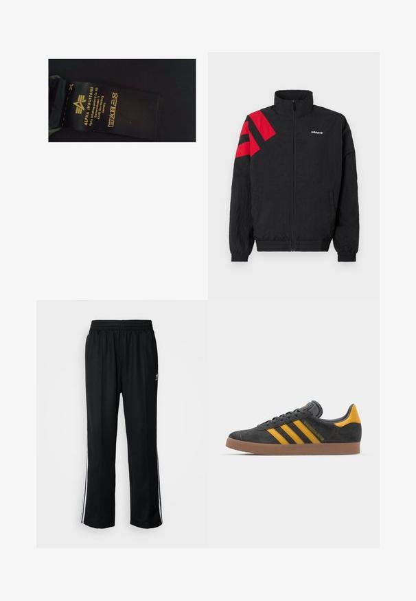 Melna rāvējslēdzēja jaka ar augstu apkakli, uz kreisā pleca sarkanas diagonālas svītras, elastīgi aproces un sānu kabatas. Balts logotips krūšu daļā.; Melna auduma kopšanas etiķete ar dzeltenu tekstu, kas attēlo zīmola nosaukumu "Alpha Industries", kopšanas instrukcijas un ražošanas informāciju.; Melni sporta bikses ar elastīgu jostas vietu, kurām ir baltas sānu svītras un neliels logotips. Materiāls izskatās mīksts un viegls.; Melnas zamšādas kedas ar dzelteniem akcentiem, kurām ir trīs svītras un brūna gumijas zole. Iekļauta mīksta valkāšanas tongue komfortam.