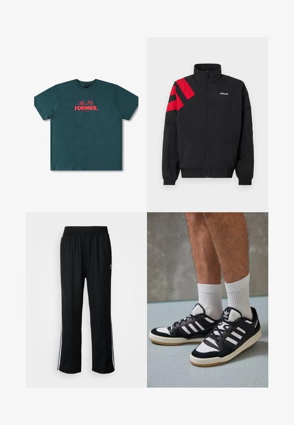 Črna jakna z zadrgo in visokim ovratnikom, z rdečimi diagonalnimi črtami na levem rami, elastičnimi manšetami in stranskimi žepi. Bel logotip na prsih.; Tirkizna bomba majica z kratkimi rokavi, okroglo izrezano in s središnjim grafikonom, ki vsebuje besedilo "FORMER." ter igrive like v rdeči barvi.; Črne atletske hlače z elastičnim pasom, ki imajo bele stranske črte in majhen logo. Material izgleda mehak in lahek.; Črno-bele superge z zgornjim delom iz usnja in nubuka, ki imajo tri bele črte, perforiran vrh prstov in podplat iz gume.