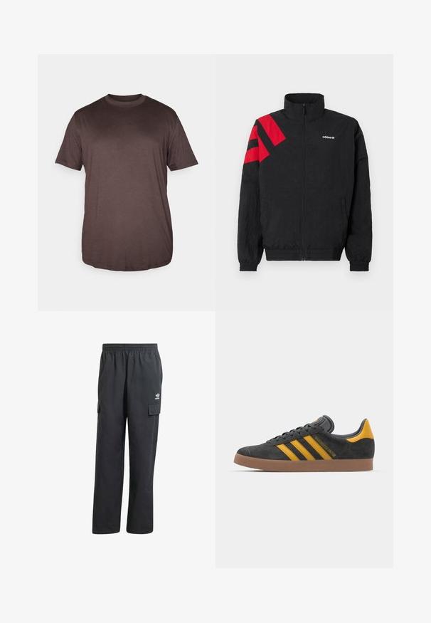 Juoda užsegama striukė su aukštu apykakliu, iš kairės peties einančiomis raudonomis įstrižomis juostomis, elastingomis rankogaliais ir šoninėmis kišenėmis. Baltas logotipas ant krūtinės.; Jack & Jones JJEBRADLEY - Paprasti marškinėliai - mulch; Juodų cargo kelnių su elastine juosta, dviem šoninėmis kišenėmis ir subtiliu logotipu kairėje šlaunyje. Pagaminta iš lengvos medžiagos.; Juodas zomšinės sportbačiai su geltonais akcentais, turintys tris juosteles ir rudą gumos padą. Apima paminkštintą liežuvėlį patogumui.