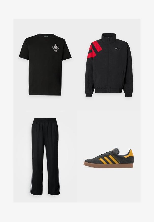 Black zip-up jacket with high collar, featuring red diagonal stripes on the left shoulder, elastic cuffs, and side pockets. White logo on chest.; Black cotton t-shirt with a crew neckline, featuring a diamond-shaped white logo patch on the left chest. Short sleeves, smooth texture.; Black athletic pants with an elastic waistband, featuring white side stripes and a small logo. Material appears soft and lightweight.; Black suede sneaker with yellow accents, featuring three stripes and a brown rubber sole. Includes a padded tongue for comfort.