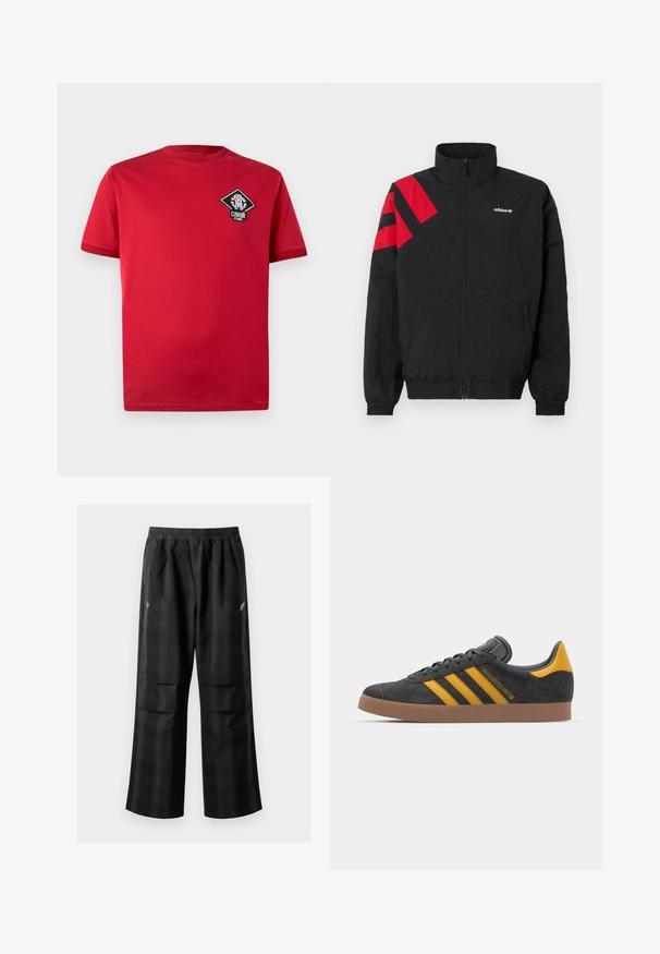 Čierna bunda na zips s vysokým golierom, so striedajúcimi červenými diagonálnymi pruhmi na ľavom ramene, elastickými manžetami a bočnými vreckami. Biely logo na hrudi.; Červené bavlnené tričko s krátkymi rukávmi, okrúhlym výstrihom a diamantovým čierno-bielym logom na ľavej strane hrude.; Čierne kockované nohavice s elastickým pásom, dvoma prednými vreckami a voľným strihom so rovnými nohavicami. Vyrobené z ľahkého materiálu.; Čierne semišové tenisky so žltými akcentmi, ktoré majú tri pruhy a hnedú gumovú podrážku. Obsahujú vypolstrovaný jazyk pre pohodlie.