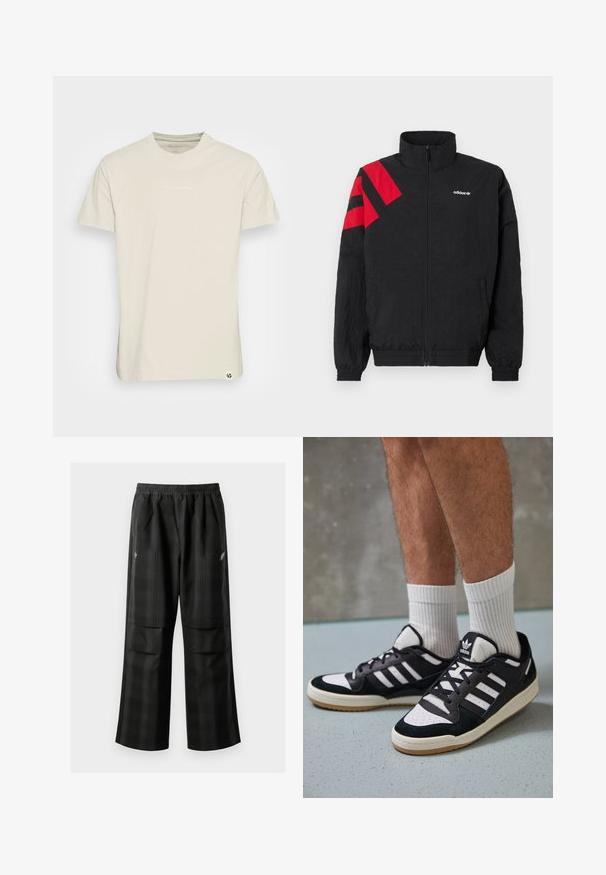 Casaco preto com fecho de correr e gola alta, apresentando riscas diagonais vermelhas no ombro esquerdo, punhos elásticos e bolsos laterais. Logótipo branco no peito.; Pepe Jeans ANDREAS - T-shirt básica - stone; Calças pretas em padrão xadrez com cintura elástica, dois bolsos frontais e um ajuste solto com design de perna reta. Feitas de material leve.; Ténis em preto e branco com upper em camurça e couro, apresentando três riscas brancas, um toe perfurado e uma sola em borracha de goma.