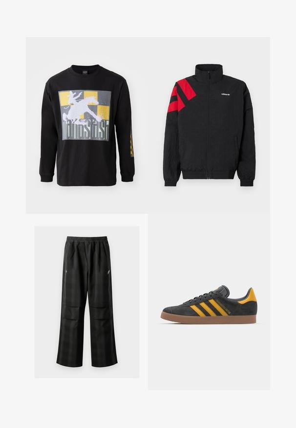 Zwarte jas met ritssluiting en hoge kraag, met rode diagonale strepen op de linkerschouder, elastische manchetten en zijzakken. Wit logo op de borst.; Zwart lang-tee met lange mouwen, voorzien van een grote afbeelding van een ruiter op een paard op een grijs en gouden ruitjesachtergrond. Van katoen, met een standaard pasvorm.; Zwarte geruite broek met een elastische tailleband, twee voorzakken en een losse pasvorm met een rechte pijpdesign. Gemaakt van lichtgewicht materiaal.; Zwarte suède sneakers met gele accenten, voorzien van drie strepen en een bruine rubberen zool. Inclusief een gevoerde tong voor comfort.