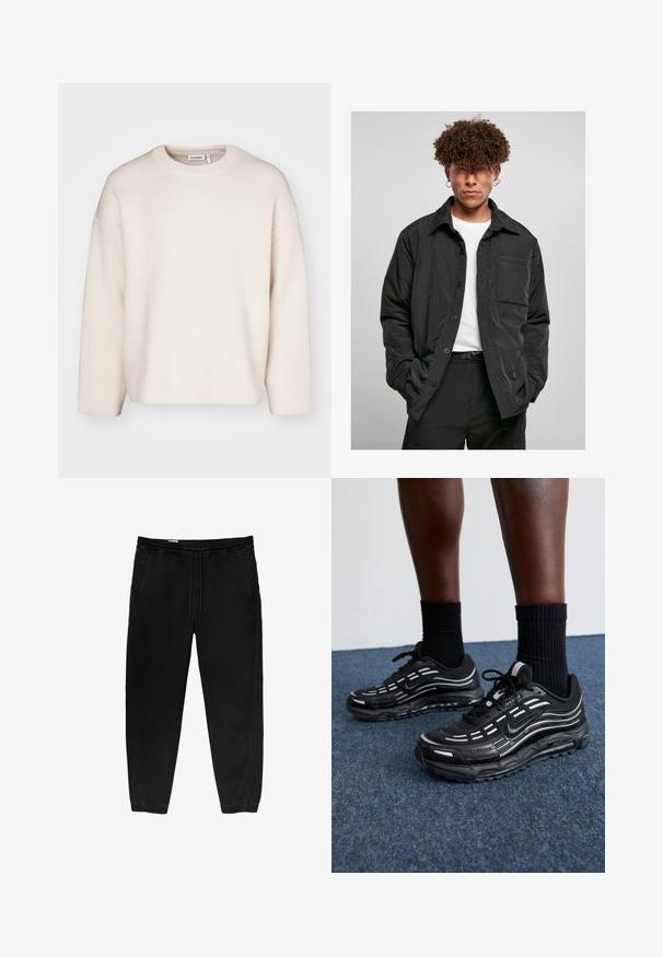 Sort button-up jakke lavet af letvægtsstof, med en brystlomme, spids krave og en afslappet pasform. Båret over en hvid t-shirt.; Cremefarvet strikket sweater med rund hals, sænkede skuldre og lange ærmer. Enkel design uden pynt.; Sorte elastiske bukser med snøre i taljen, tapered ben, sidelommer og subtile side-syning detaljer. Blød bomuldsstof struktur.; Sorte Nike sko har et mesh-overdel med accentstriber, tekstureret snørering og en sort gummisål. Båret med sorte ribbede sokker.