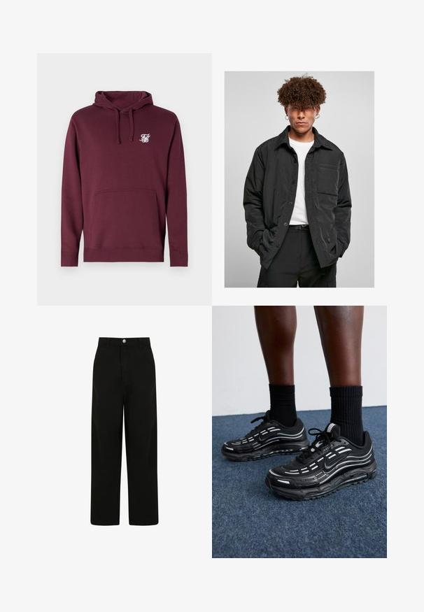 Svart knapp-up jacka i lättviktsmaterial med en bröstficka, spetsig krage och avslappnad passform. Bärs över en vit t-shirt.; Burgunderröd hoodie i mjukt material, med en framficka och dragsko i huvan. Inkluderar en liten vit logotyp på bröstet.; Svarta byxor med vida ben, tillverkade av bomull. Har en framknappstängning, två sidofickor och en avslappnad passform.; Svarta Nike-skor har en mesh-övre med accentstripes, texturerad snörning och en svart gummisula. Bärs med svarta ribbade strumpor.