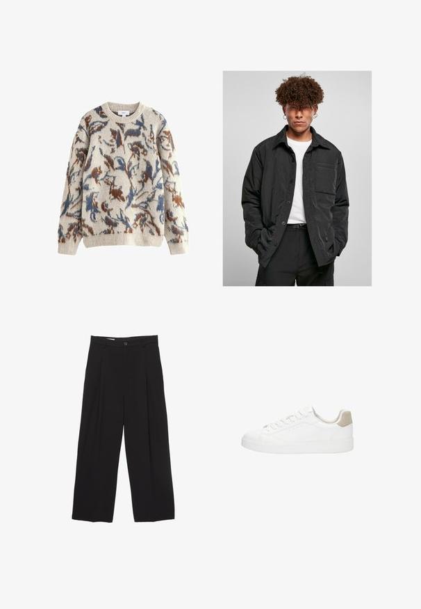 Crna jakna na dugmad od lagane tkanine, sa džepom na prsima, uspravnim ovratnikom i opuštenim krojem. Nosi se preko bijele majice.; Pulover boje kreme s apstraktnim cvjetnim uzorkom u plavoj i smeđoj boji, sa rebrastim okruglim izrezom i dugim rukavima. Mekana tekstura.; Crne široke hlače od glatkog materijala, s ravnim pojasom, prednjim nabranim detaljima i zatvaranjem na jedan gumb.; Bijele tenisice s glatkim kožnim gornjištem i okruglim vrhom. Imaju bež zamšastu petu, ravne vezice i bijeli gumeni potplat.