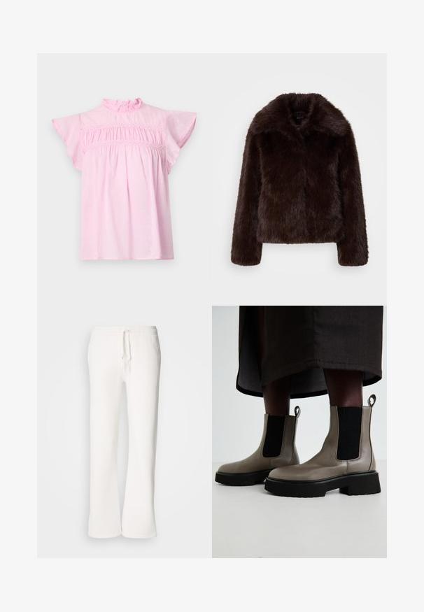 Bruine nepbontjas met een hoge kraag en lange mouwen, met een zachte, pluizige textuur en een aansluitend ontwerp.; Roze katoenen blouse met een gerimpelde halslijn, fladdermouwen en een geplooid lijfje met decoratieve kantafwerking. Subtiele polka dot textuur.; Witte, relaxed-fit joggingbroek van zachte stof, met een elastische tailleband en een trekkoord, en een rechte pijp.; Grijze enkelbotten van gestructureerd leer met elastische zijpanelen en een stevige zwarte zool. Voorzien van trekpanelen voor gemakkelijk aan- en uittrekken.