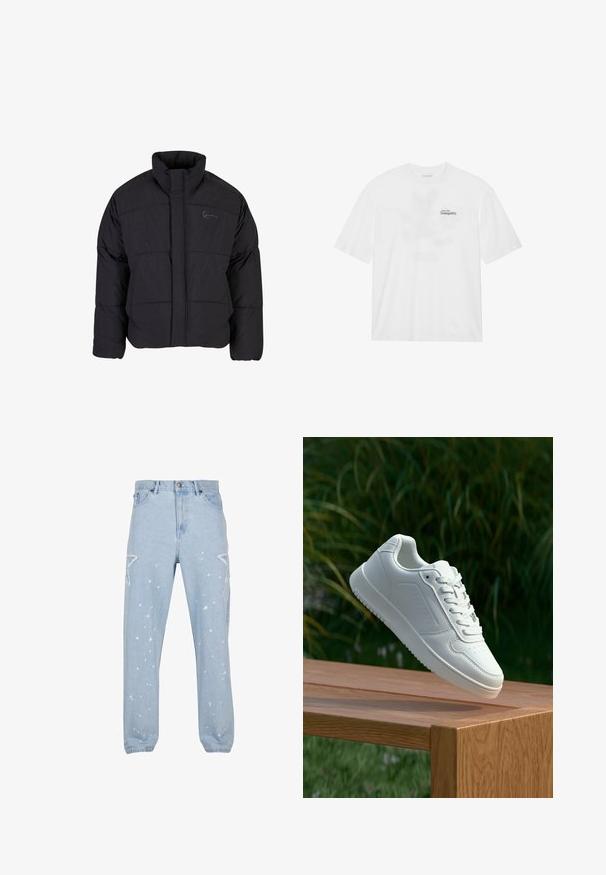 Svart boblejakke med høy krage, quiltet design og frontglidelås. Har en subtil logo på brystet, laget av teksturert stoff.; Hvit bomull t-skjorte med korte ermer, med et trykk foran som sier "Svev inn i stillhet" i svart og grønt.; Lys blå denimjeans med en avslappet passform, med stjerneformede utskjæringer, malingssprut og en klassisk femlommers design.; Hvite sneakers med en glatt syntetisk overdel, perforert tåboks, flate snørebånd og en teksturert såle, vist på en treflate.
