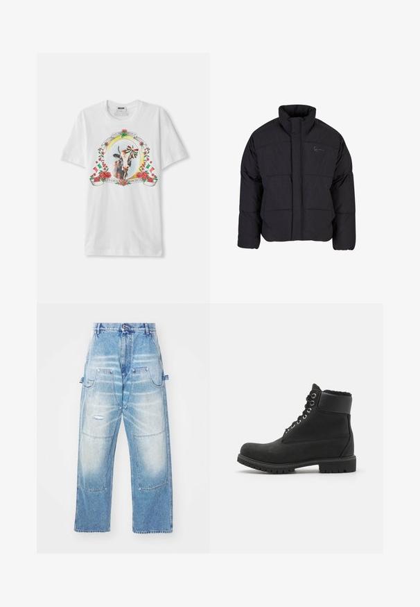 Čierna nafúknutá bunda s vysokým golierom, prešívaným dizajnom a predným zipsom. Má jemné logo na hrudi, vyrobené z textúrovanej látky.; Biela bavlnená tričko s centrálnou grafikou kravy orámovanej ružami a talianskymi vlajkami, s dekoratívnym textom v kruhovom usporiadaní.; Svetlo modré džíny s voľným strihom, ktoré majú viacero vreciek, poškodené detaily a vybledlý vzhľad. Dizajn rovného strihu.; Čierna členková obuv vyrobená z semišu s gumovou podrážkou, s kovovými očkami, šnúrkami a mäkkým umeleckým koženým golierom okolo vrchu.