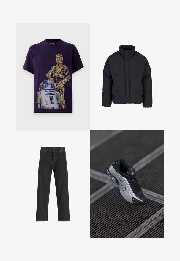 Black puffer jacket with a high collar, quilted design, and a front zipper. Features a subtle logo on the chest, made from textured fabric.; Black cotton T-shirt featuring a graphic design of C-3PO and R2-D2 from Star Wars. Crew neck, short sleeves, relaxed fit.; Black denim jeans with a straight leg design, featuring a zip fly, belt loops, and six pockets, made from a sturdy cotton blend fabric.; Nike athletic shoe featuring a black and silver design. Made of synthetic material with mesh accents and a supportive sole with visible air cushioning.