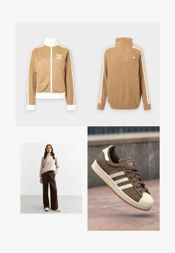 Tan zip-up jack met witte accenten en drie witte strepen op de mouwen. Heeft een gestructureerd geweven ontwerp op één mouw. Adidas-logo op de borst.; Bruine geribbelde trui met een hoge kraag en een rits tot de helft, voorzien van drie witte strepen langs de mouwen en een klein logo op de borst.; Beige sweatshirt met een hoge kraag, voorzien van een ronde witte grafiek. Bruine geplooide broek en witte sneakers maken de outfit compleet.; Bruine suède sneakers met witte strepen, crème accenten en een rubberen shellneus. Voorzien van een vetersluiting en een textuur van gumzool.
