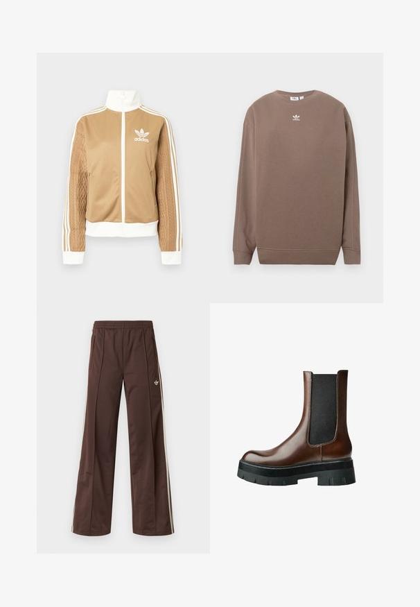 Brązowa kurtka zapinana na zamek błyskawiczny z białymi akcentami i trzema białymi paskami na rękawach. Posiada teksturowany wpleciony wzór na jednym z rękawów. Logo Adidas na klatce piersiowej.; Brązowa bluza wykonana z miękkiego materiału, z okrągłym dekoltem, długimi rękawami i białym logo Adidas na piersi. Prosty wzór, brak nadruków.; Brązowe spodnie sportowe o szerokich nogawkach, z białymi paskami po bokach, elastycznym paskiem w talii i dwoma bocznymi kieszeniami. Na nogawce znajduje się małe logo.; Brązowy skórzany botek za kostkę z czarną elastyczną boczną wstawką i grubą czarną gumową podeszwą. Gładka tekstura z minimalnymi detalami przeszyć.