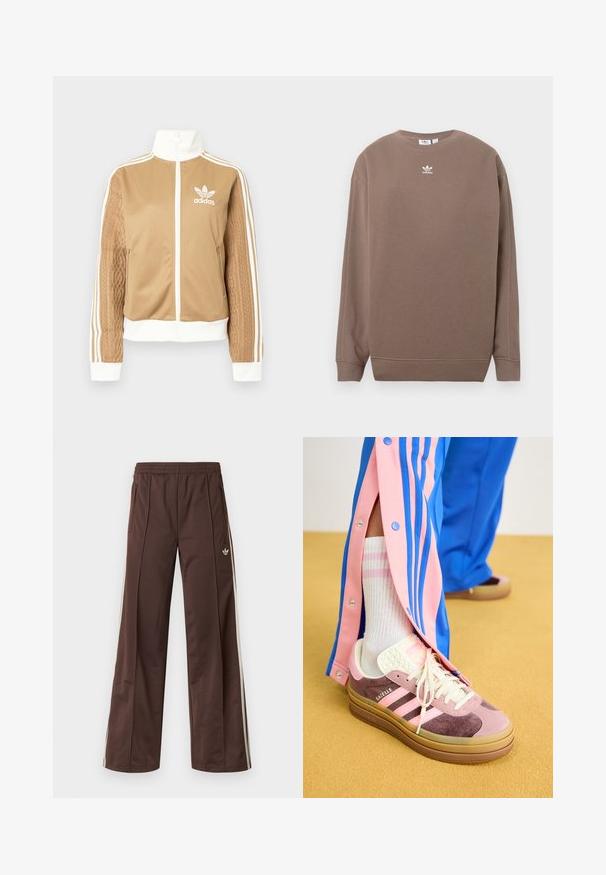 Hnědá zipová bunda s bílými akcenty a třemi bílými pruhy na rukávech. Obsahuje texturovaný tkaný design na jednom rukávu. Logo Adidas na hrudi.; Hnědá mikina z měkké látky, s kulatým výstřihem, dlouhými rukávy a bílým logem Adidas na hrudi. Jednoduchý design bez vzorů.; Hnědé sportovní kalhoty s širokými nohavicemi, bílými pruhy po stranách, elastickým pasem a dvěma bočními kapsami. Na nohavici je malá značka.; Růžové a fialové semišové tenisky s béžovými podrážkami, mají bílé tkaničky a tři růžové pruhy, kombinované s bílými ponožkami a modrými sportovními kalhotami.