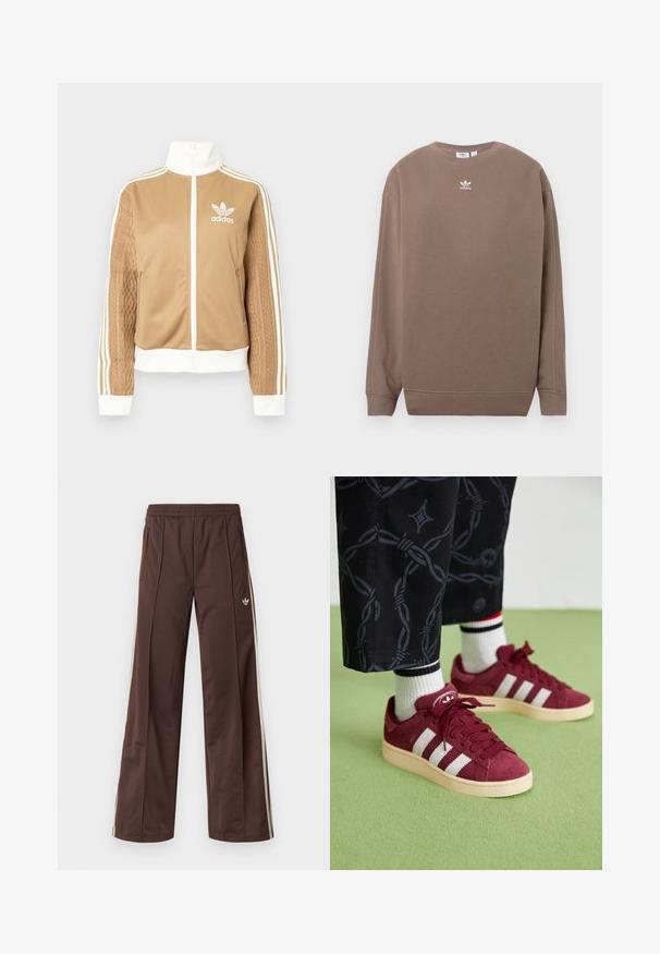 Jachetă zip-up de culoare bej cu accente albe și trei dungi albe pe mâneci. Prezintă un design țesut texturat pe o mânecă. Logo-ul Adidas pe piept.; Hanorac maro din țesătură moale, cu gât rotund, mâneci lungi și logo alb Adidas pe piept. Design simplu, fără modele.; Pantaloni atletici maro cu design cu picior larg, dungi laterale albe, talie elastică și două buzunare laterale. Prezintă un logo mic pe picior.; adidas Originals CAMPUS 00S W - Pantofi skate - shadow red/off white/preloved crimson