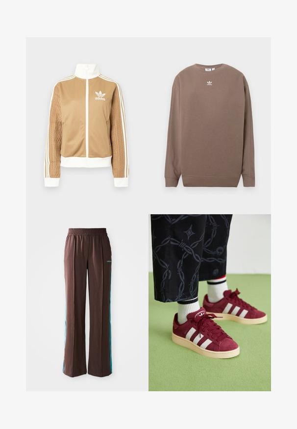 Kraevis sisekavaga jakki valgete aktsentidega ja kolme valge triibuga varrukatel. Ühel varrukal on tekstureeritud kootud muster. Adidas'i logo rinnal.; Pruun dressipluus pehmest kangast, mis on varustatud ümara kaelusega, pikkade varrukatega ja valge Adidas logo rinnal. Lihtne disain, ilma mustriteta.; Pruunid spordipüksid, millel on soonikkoes, elastne vöökoht ja türkiissinised külje triibud. Esiosas on adidas logo.; adidas Originals CAMPUS 00S W - Tennised - shadow red/off white/preloved crimson